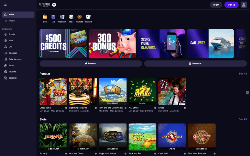 Hollywood Casino homepage featuring promotions, slots, live casino, and popular games