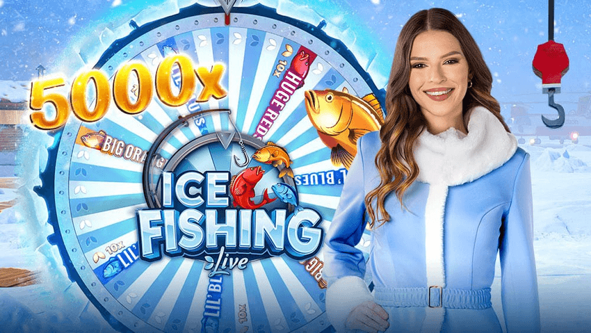 Ice Fishing Προωθητική εικόνα του Ice Fishing με χειμερινό σκηνικό, μεγάλο τροχό και παρουσιάστρια με γαλάζιο outfit.