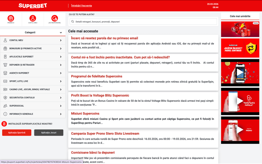 Pagina de ajutor și întrebări frecvente Superbet