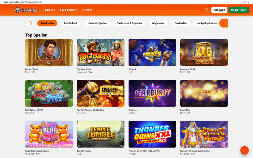 Screenshot van de slotssectie van LeoVegas Casino met populaire gokkasten
