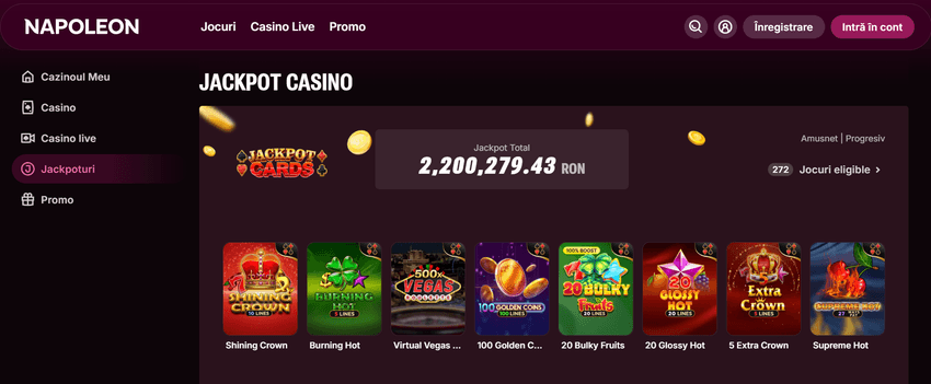 Pagina Napoleon cu jackpot și valoare totală