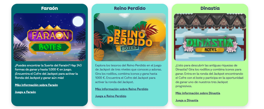 Selección de juegos con bote en tombola como Faraón, Reino Perdido y Dinastía