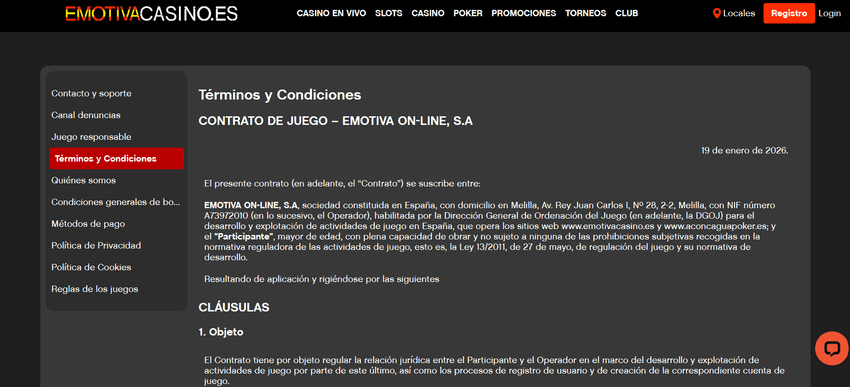 Términos y condiciones de Emotiva Casino Términos y condiciones de Emotiva Casino con el contrato de juego del operador.