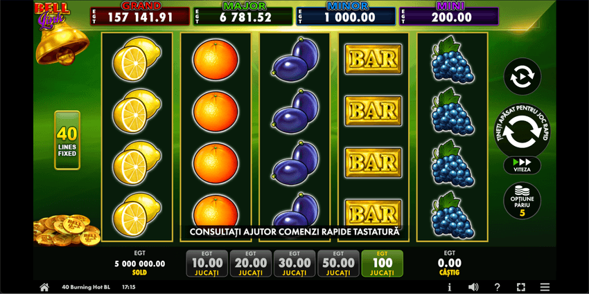 Interfața slotului 40 Burning Hot Bell Link cu jackpot Bell Link și simboluri clasice de fructe
