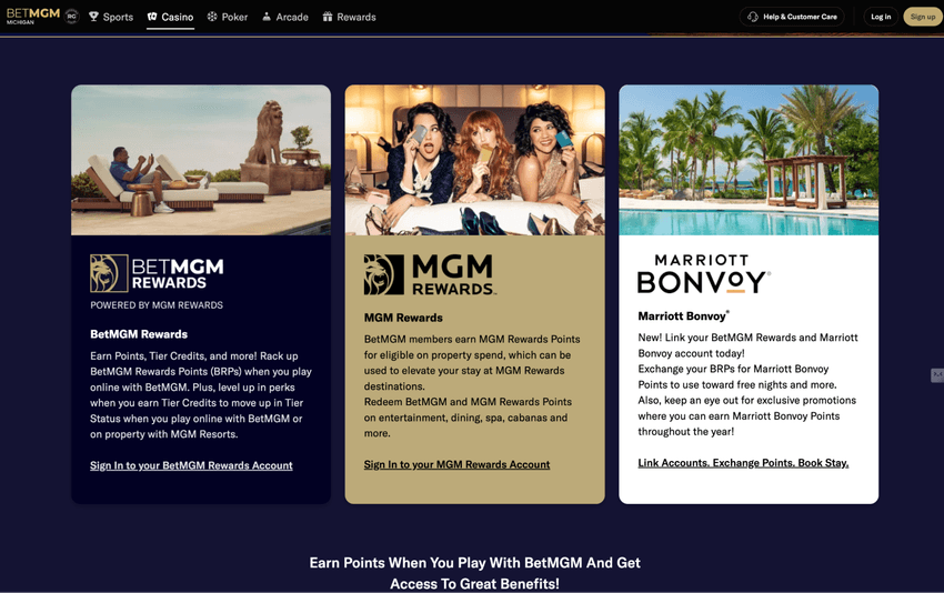 BetMGM Rewards Loyalty Program BetMGM Rewards program page explaining loyalty points, membership benefits, and tier progression.