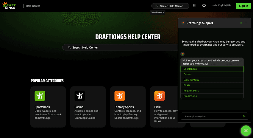 Screenshot of the support page with live chat at DraftKings Casino Michigan