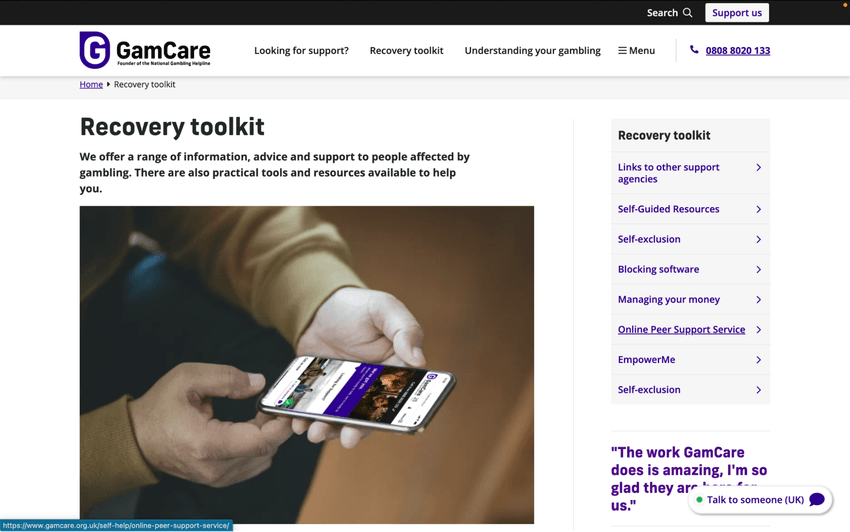 GamCare recovery toolkit webpage on gambling support
