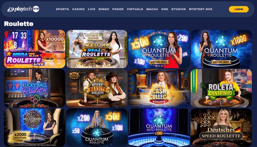 Κατάλογος ρουλέτας της Playtech με Mega Fire Blaze, Age of the Gods, Quantum Roulette και άλλες ζωντανές εκδόσεις.