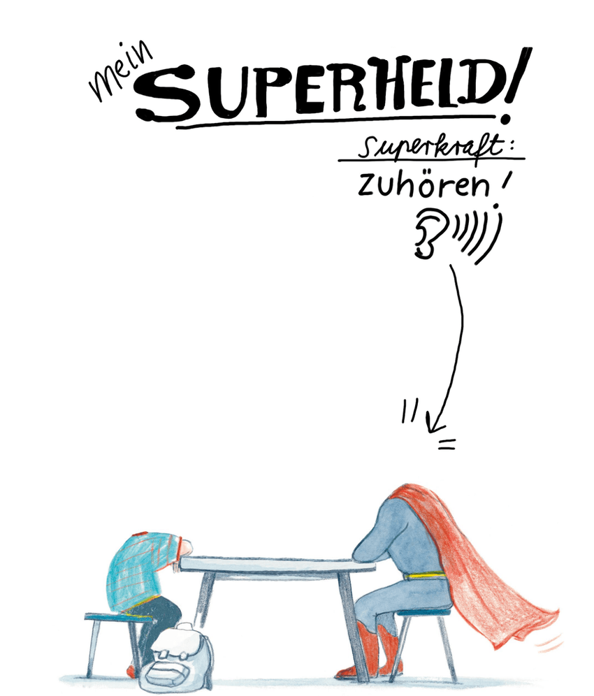 Mein Papa, die Unglücksspiele und ich – Illustration „Mein Superheld: Zuhören“ Illustration eines Kindes und eines Superhelden am Tisch – Symbol für Zuhören, Verständnis und Unterstützung in Familien mit Spielsucht