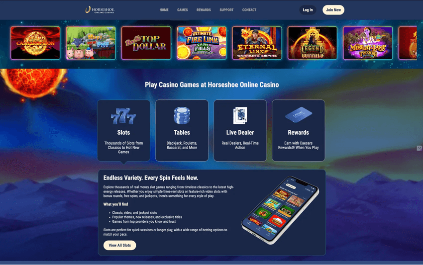 Horseshoe Online Casino homepage showing slots, tables, live dealer games, and rewards