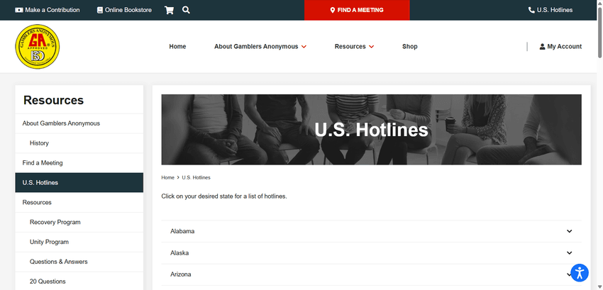 GA U.S. Hotline Contacts by State Gamblers Anonymous U.S. hotlines directory
