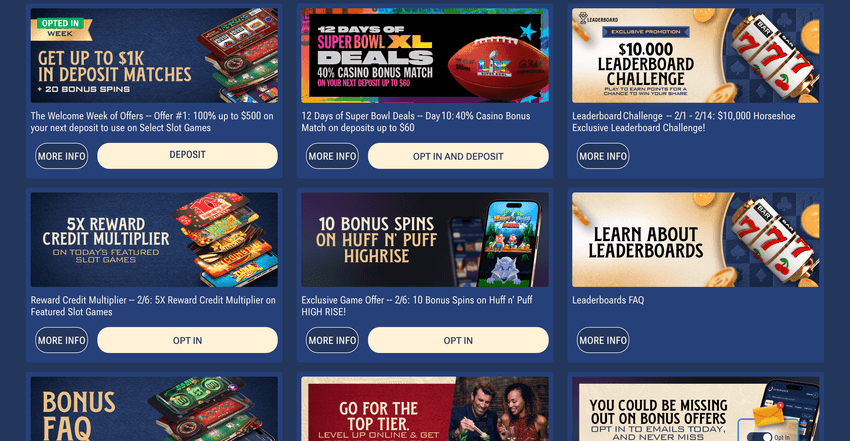 Screenshot of Horseshoe casino Michigan promotions section