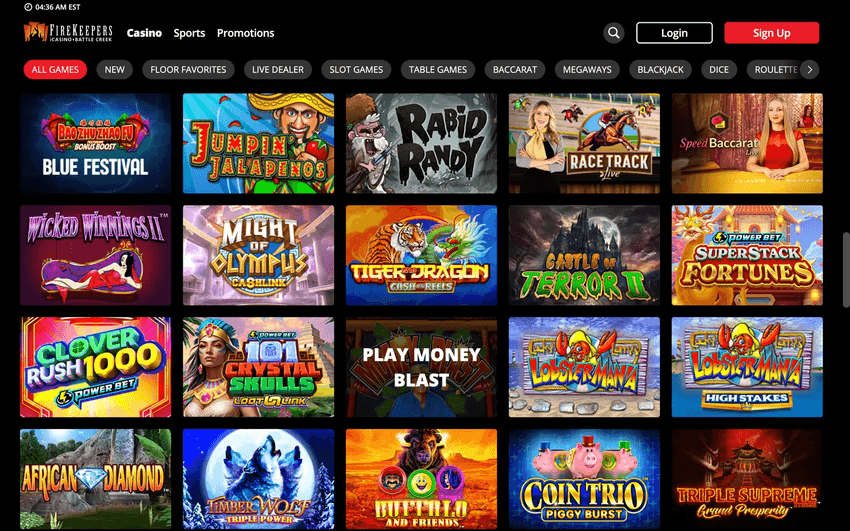 FireKeepers Casino Game Library FireKeepers Casino Michigan online casino lobby displaying slot games, live dealer titles, and featured casino categories.