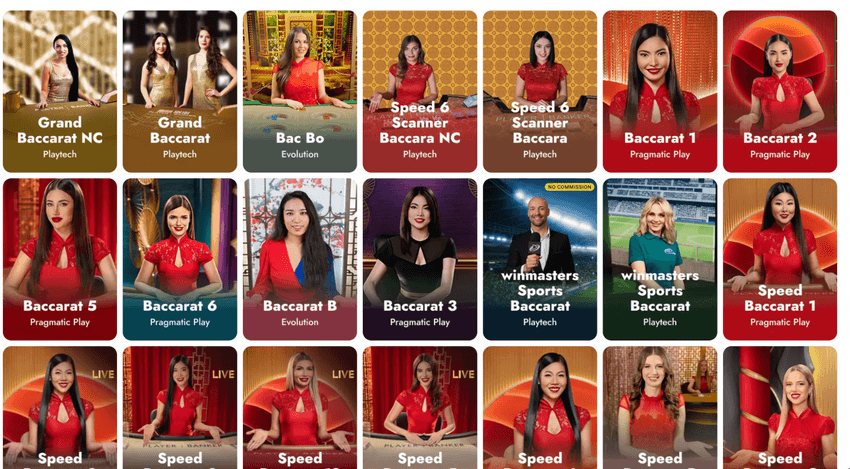 Τραπέζια μπακαρά στη Winmasters με Grand Baccarat NC, Speed 6 Scanner Baccarat NC, Sports Baccarat και Bac Bo.