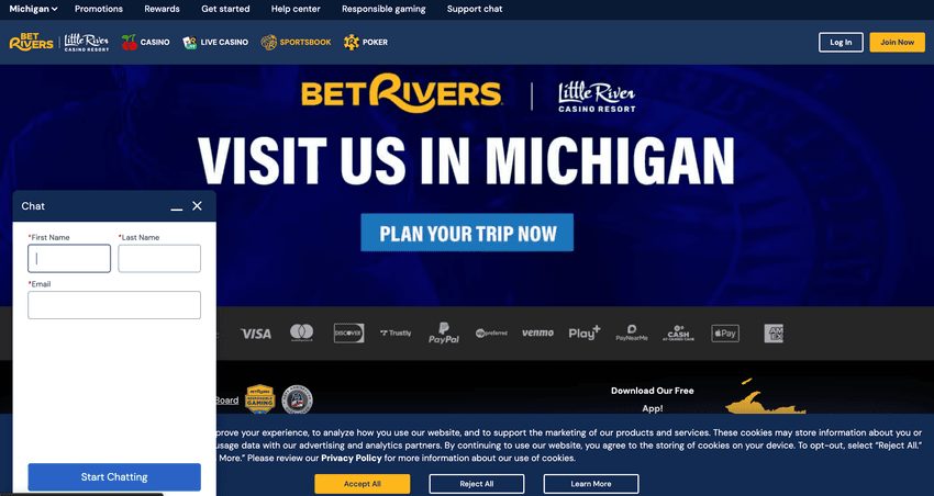 Screenshot of BetRivers Michigan showing customer support via live chat