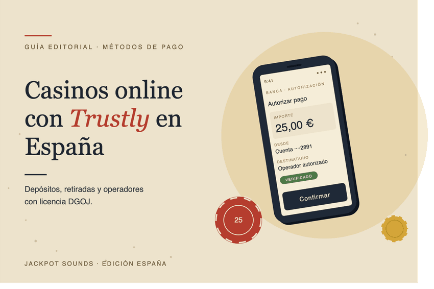 Ilustración editorial con un teléfono móvil mostrando una pantalla de autorización bancaria y una ficha de casino, para una guía sobre casinos online con Trustly en España.
