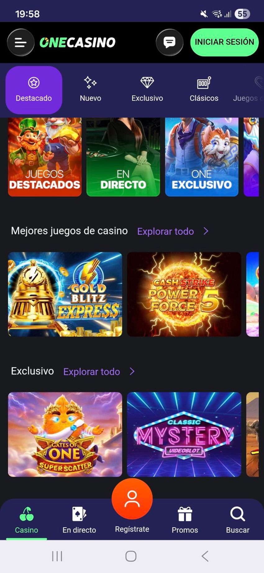 OneCasino móvil Interfaz móvil de OneCasino con acceso a juegos destacados y casino en vivo