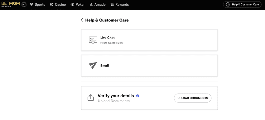 BetMGM Michigan contact options screen Screenshot showing contact methods available at BetMGM Michigan