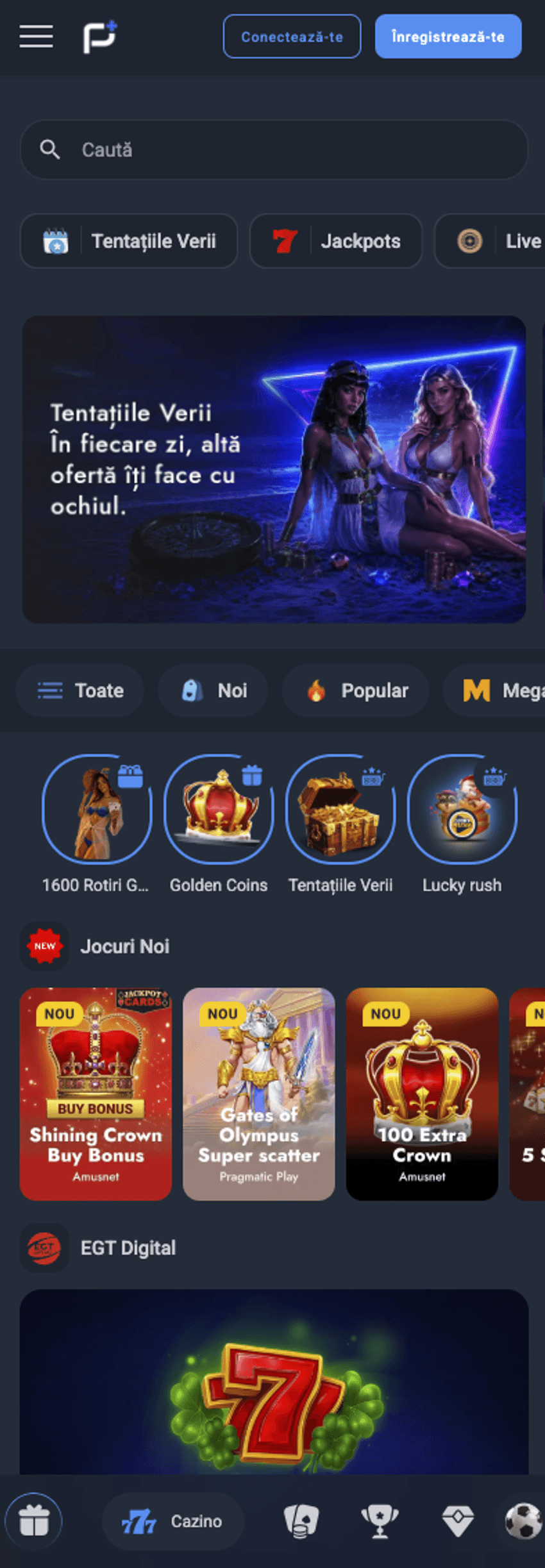 Interfața mobilă PariuriPlus Casino cu jocuri noi, jackpoturi și secțiunea EGT Digital