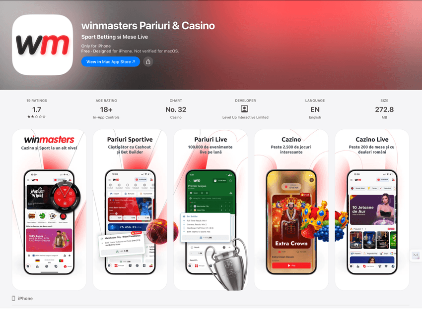 Aplicația Winmasters afișată în App Store pentru dispozitive iPhone.
