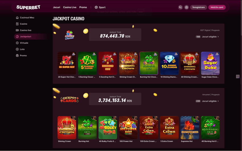 Valori jackpot progresiv Superbet Casino