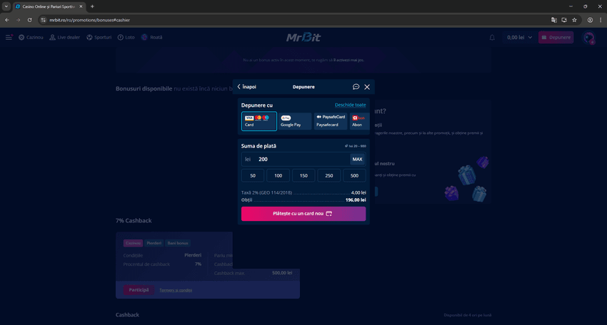 Fereastra de depunere Mr Bit cu metode de plată și sumă selectată