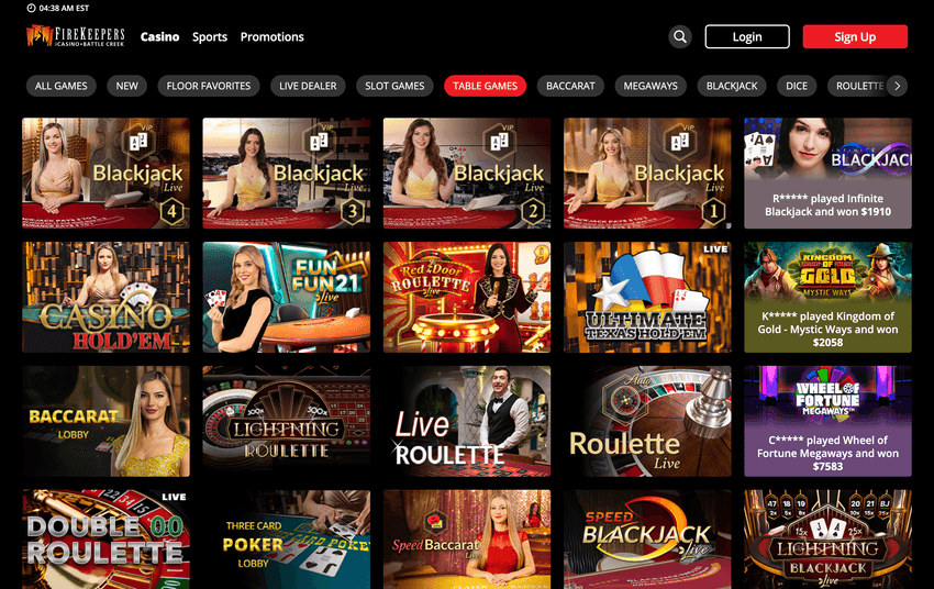 Screenshot of FireKeepers Michigan table games section