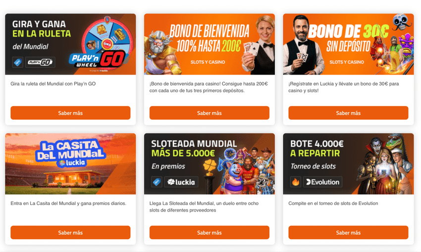 Promociones de Luckia Casino con bono de bienvenida, bono sin depósito, torneos y campañas especiales.