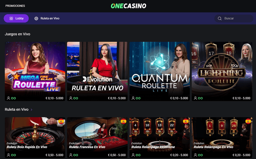 Casino en vivo OneCasino Sección de ruleta en vivo en OneCasino con crupieres en directo