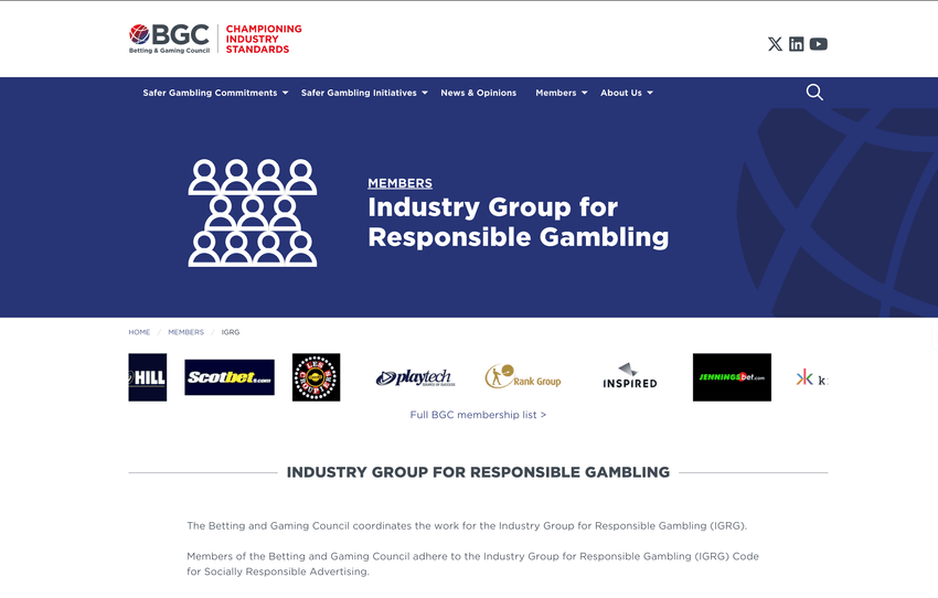 Screenshot of the Industry Group for Responsible Gambling website homepage, showing information about responsible gambling initiatives and industry collaboration.
