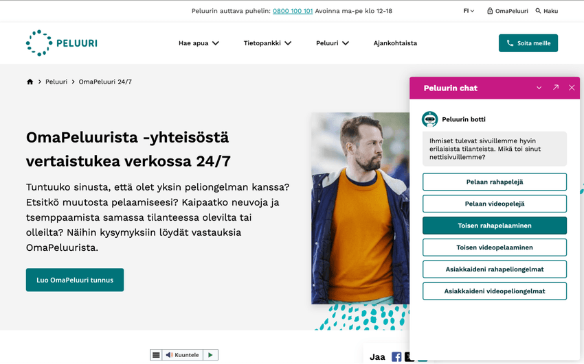 Peluurin chat-palvelu verkkosivustolla