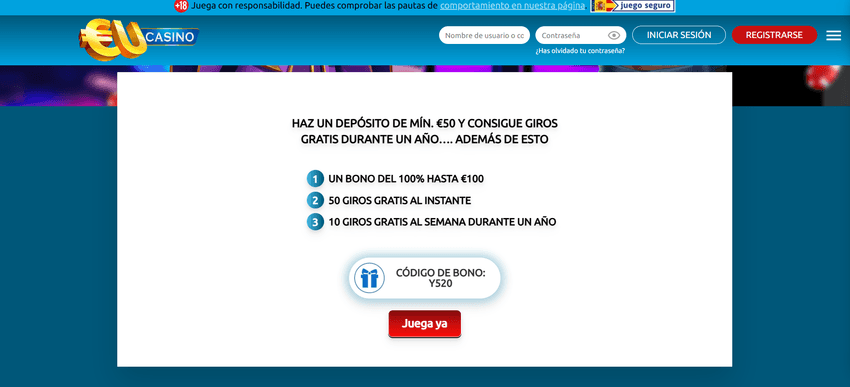 Bono de bienvenida de EUcasino Promoción de EUcasino con bono del 100 %, tiradas gratis y código Y520