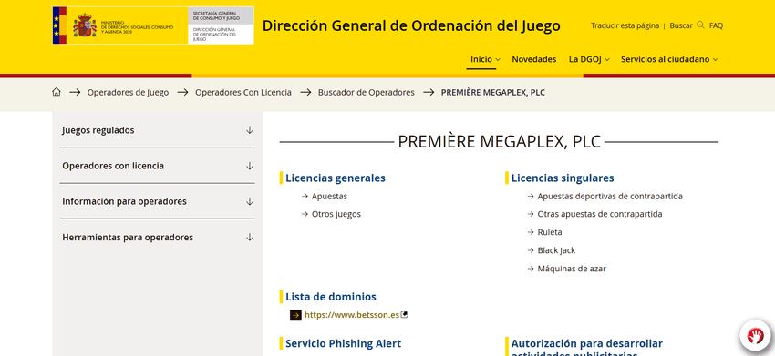 Registro de Premiere Megaplex PLC y betsson.es en la DGOJ