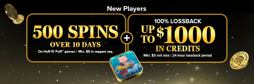 Golden Nugget Michigan deposit bonus with 500 free spins on Huff N' Puff and up to $1,000 in credits