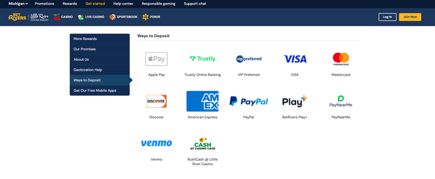 Screenshot of BetRivers Michigan payment methods