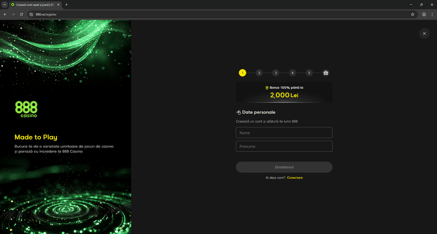Formular de înregistrare 888 Casino cu date personale și bonus