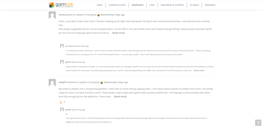 GamTalk Community Wall – Peer-to-Peer Gambling Support GamTalk community discussion page with users sharing updates and replies about gambling recovery.