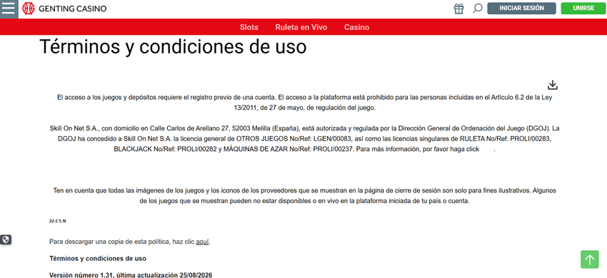 Página de términos y condiciones de Genting Casino España versión 1.31