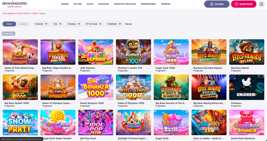 Slots de Pragmatic Play en Casino Gran Madrid Catálogo de tragaperras de Pragmatic Play en Casino Gran Madrid con filtros por proveedor, temática y volatilidad