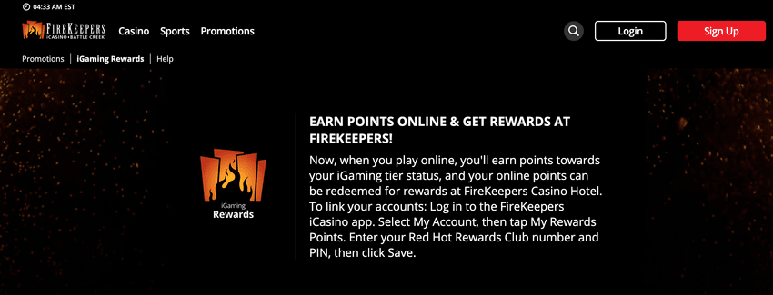 Screenshot of FireKeepers iGaming Rewards section