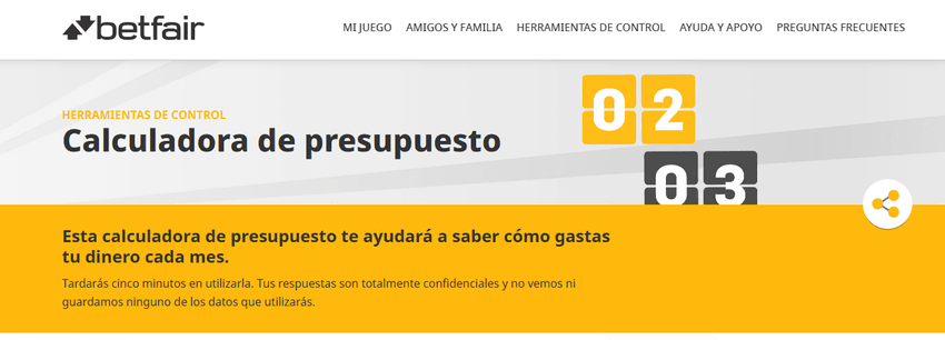 Panel interactivo de la herramienta interactiva Calculadora de Presupuesto integrada en la sección de control preventivo de Betfair.