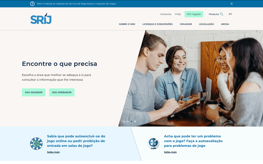 Serviço de Regulação e Inspeção de Jogos (SRIJ) – Regulação e Apoio ao Jogador Página inicial do SRIJ com recursos de apoio ao jogador e informações sobre licenças e autoexclusão.