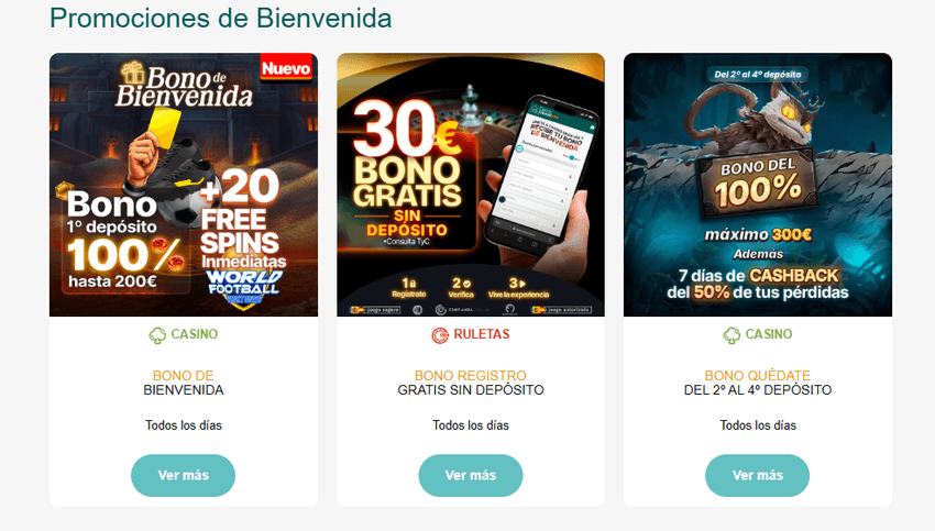 Promociones de bienvenida en Casino Gran Vía Captura de pantalla de la sección de promociones del Casino Gran Vía mostrando ofertas como el bono sin depósito y los bonos por 2º al 4º depósito.