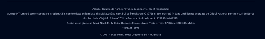Datele de licență ONJN ale Mr Bit, operat de Avento MT Limited, valabilă până în 2031