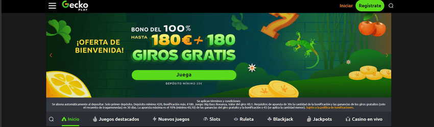Oferta de bienvenida de GeckoPlay Casino Bono de bienvenida de GeckoPlay Casino hasta 180 € y 180 giros gratis