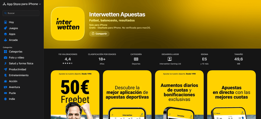 Aplicación Interwetten Apuestas disponible para iPhone en la App Store
