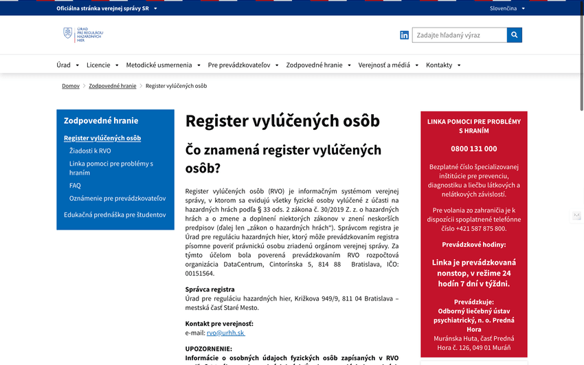 Snímka obrazovky stránky Register vylúčených osôb na webe Úradu pre reguláciu hazardných hier zobrazujúca popis registra, navigačné menu a kontaktné informácie