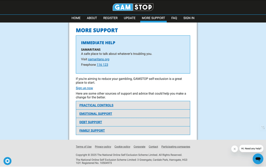 GamStop support page with self-exclusion and help links