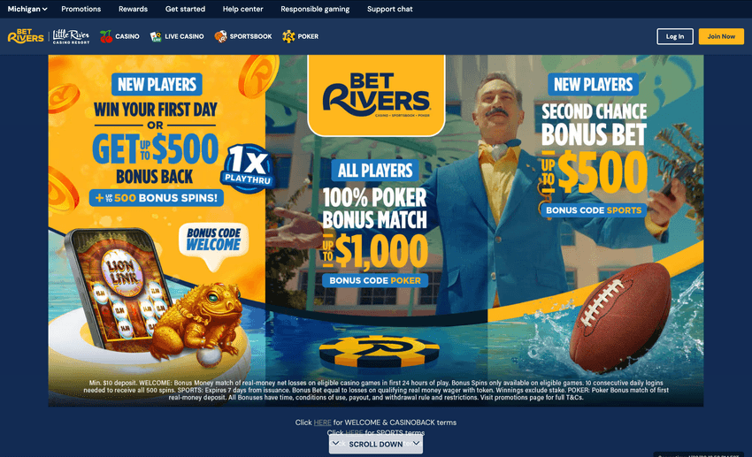 Screenshot of multiple BetRivers Michigan casino bonuses