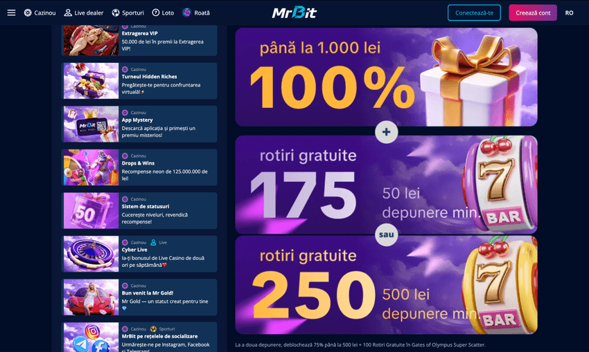 Pagina de bonusuri Mr Bit cu ofertă de bun venit și rotiri gratuite